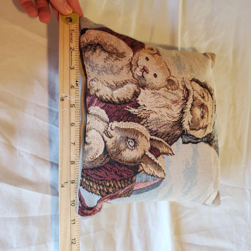 Vintage Christmas Tapestry small Throw Pillow Father Christmas Bear Rabbit 9x9